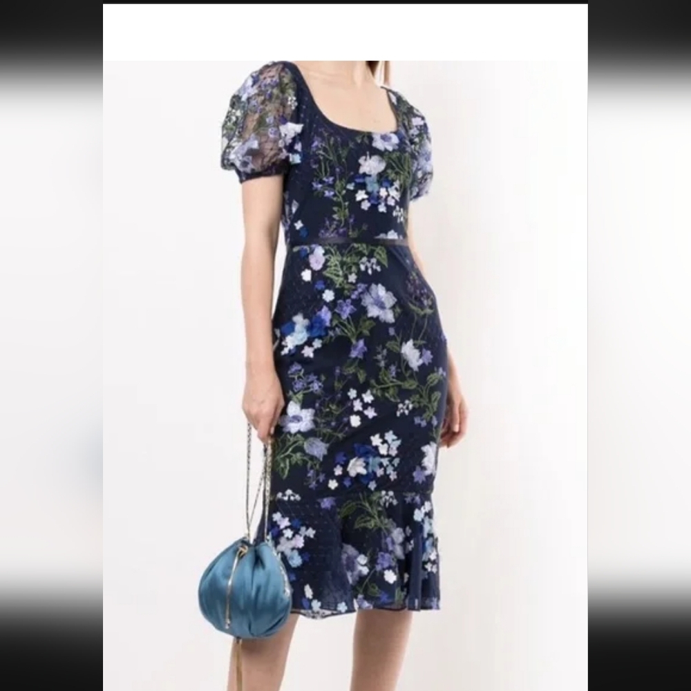 Marchesa Notte Navy Floral Midi Dress Size 12